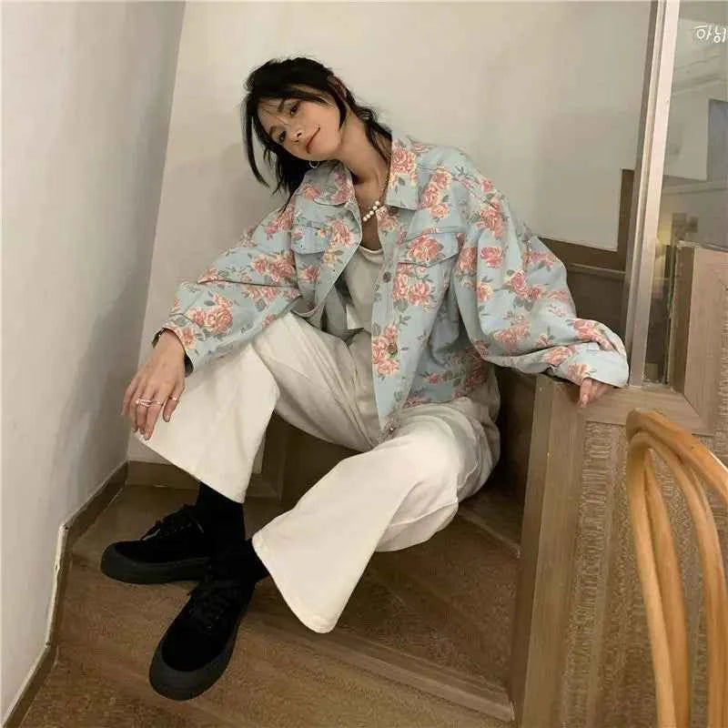 Women Versatile Sweet Floral Denim Jacket