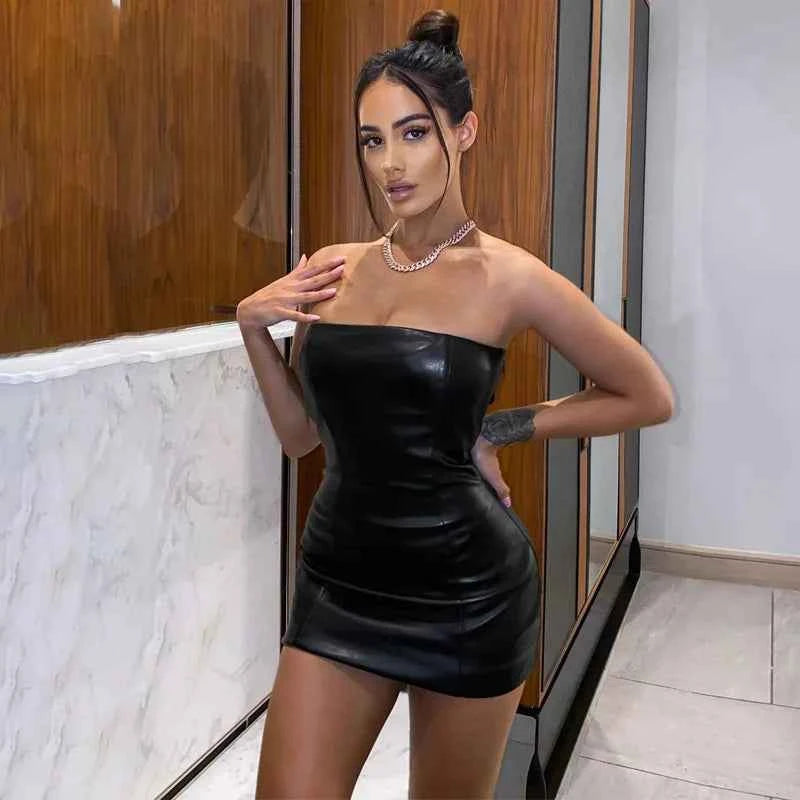 Women Summer Party Strapless Bodycon Leather Black Mini Dress