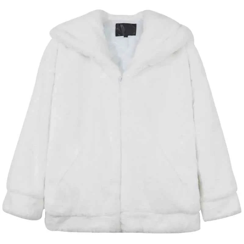 Oversized White Faux Fur Zipper Sweatshirt