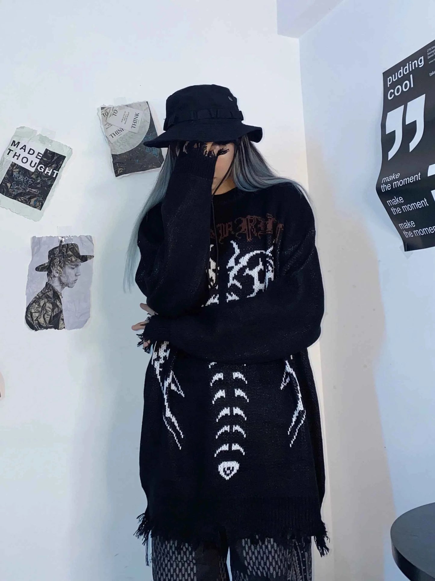 Gothic Letter Bat Skeleton Print Sweater