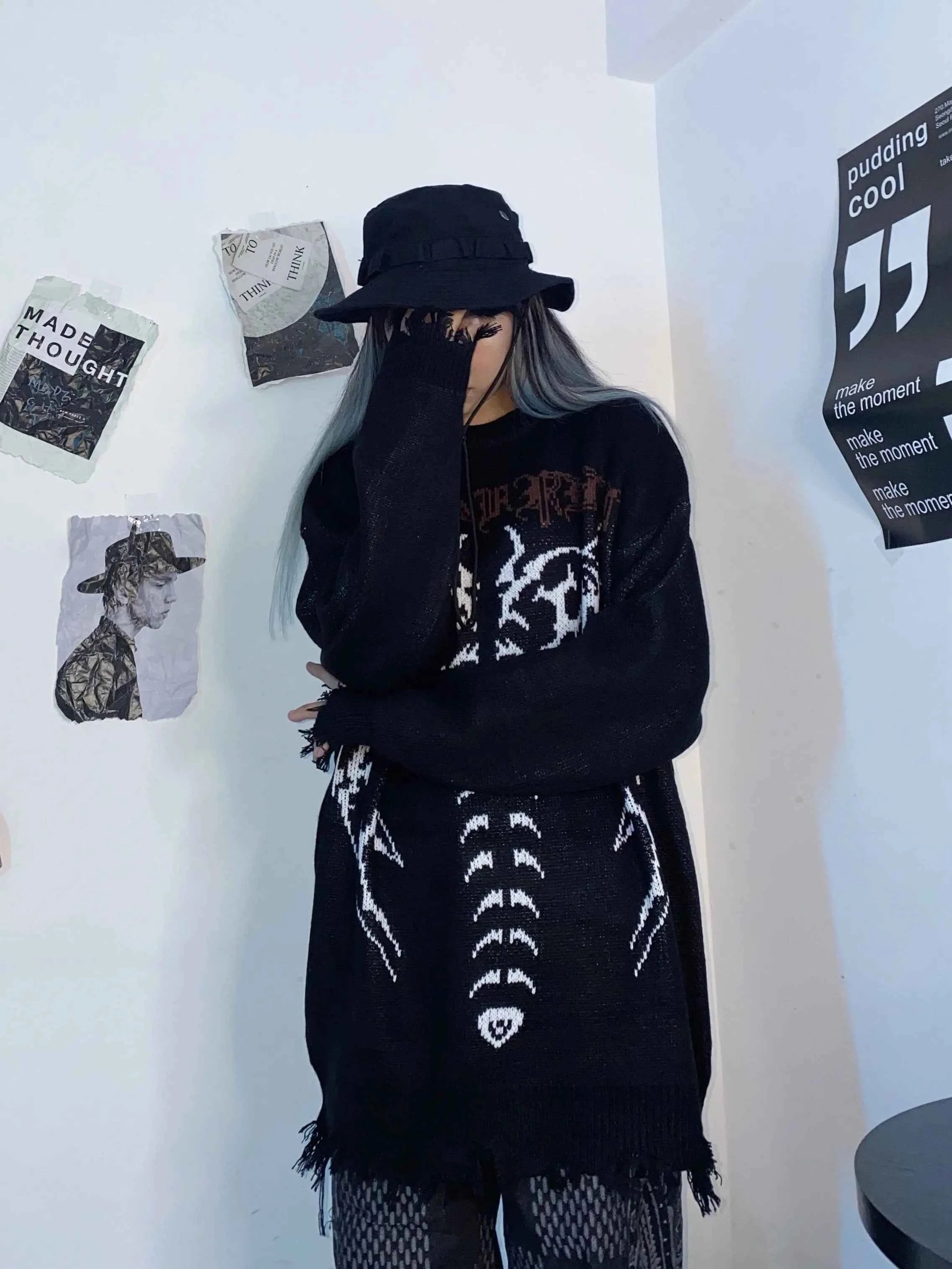Gothic Letter Bat Skeleton Print Sweater
