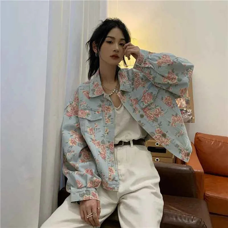 Women Versatile Sweet Floral Denim Jacket
