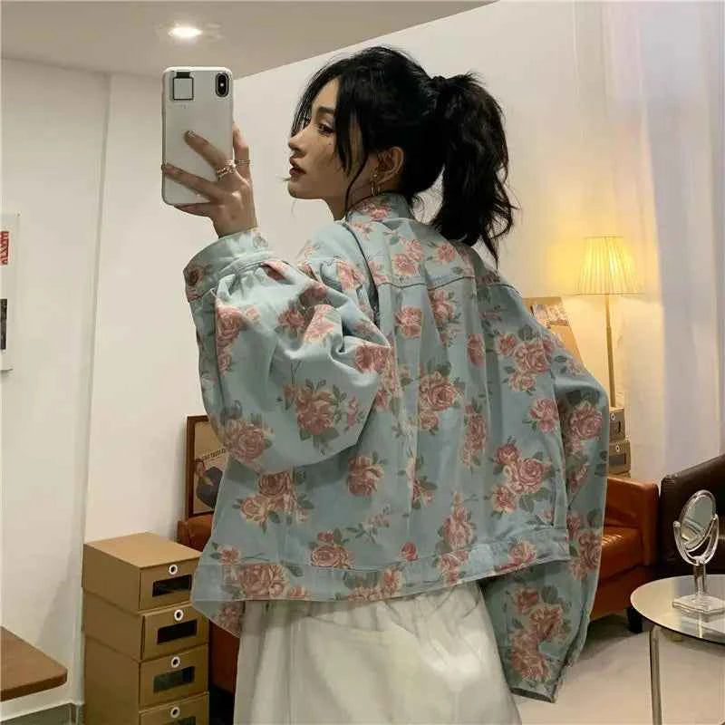 Women Versatile Sweet Floral Denim Jacket