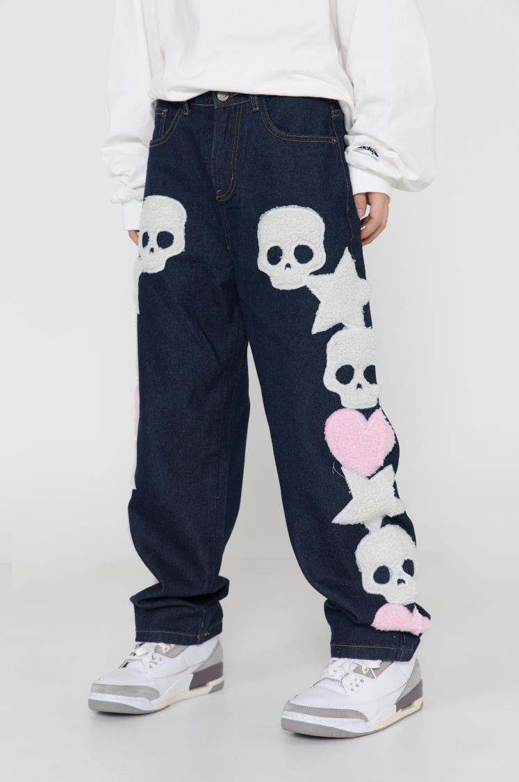 Star Skull Patchwork Straight Jeans