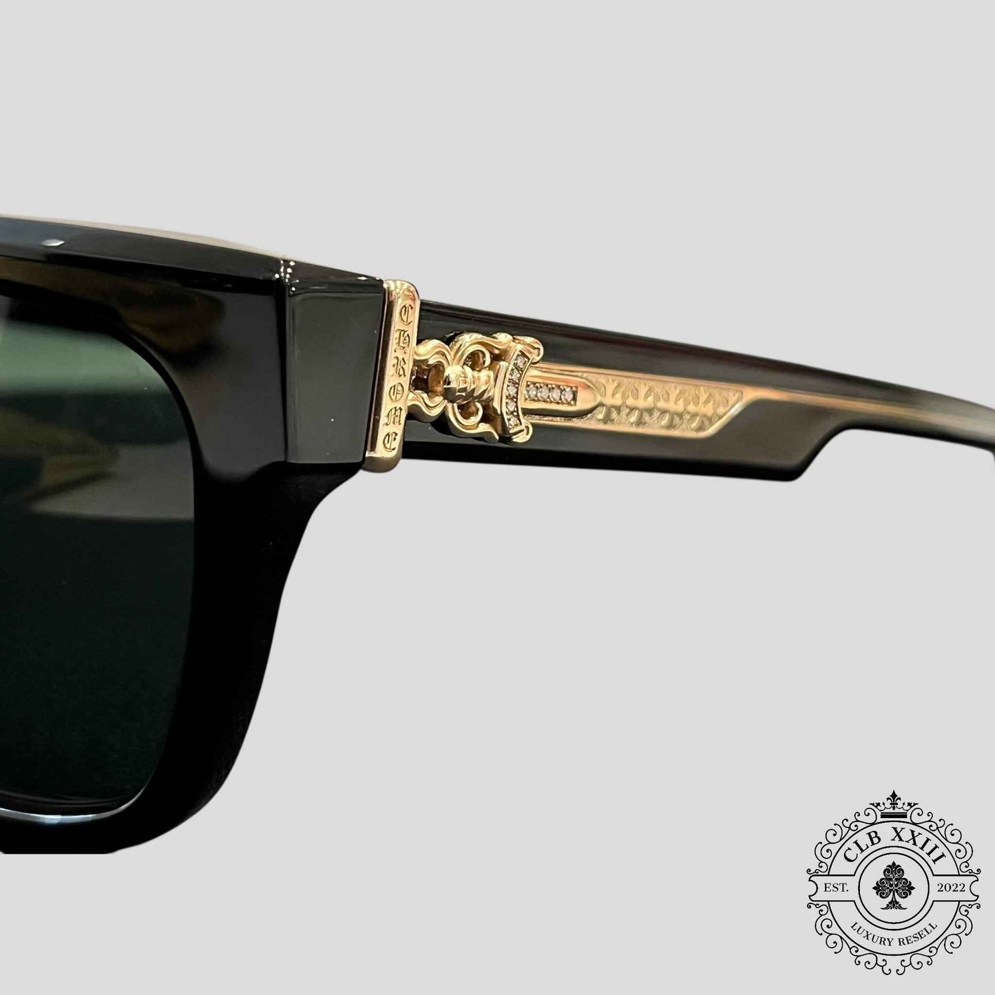 Chrome Hearts Diamond Embellished Box Officer Sunglasses in Black/Gold