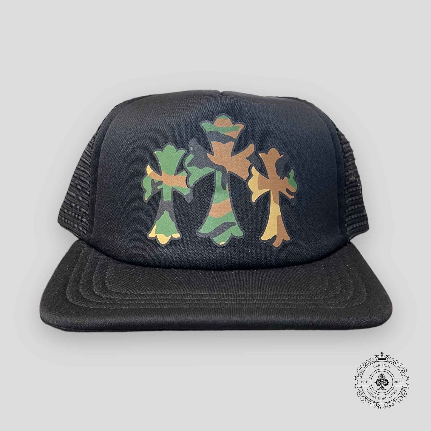 Chrome Hearts Triple Cross Trucker Hat in Black/Camo