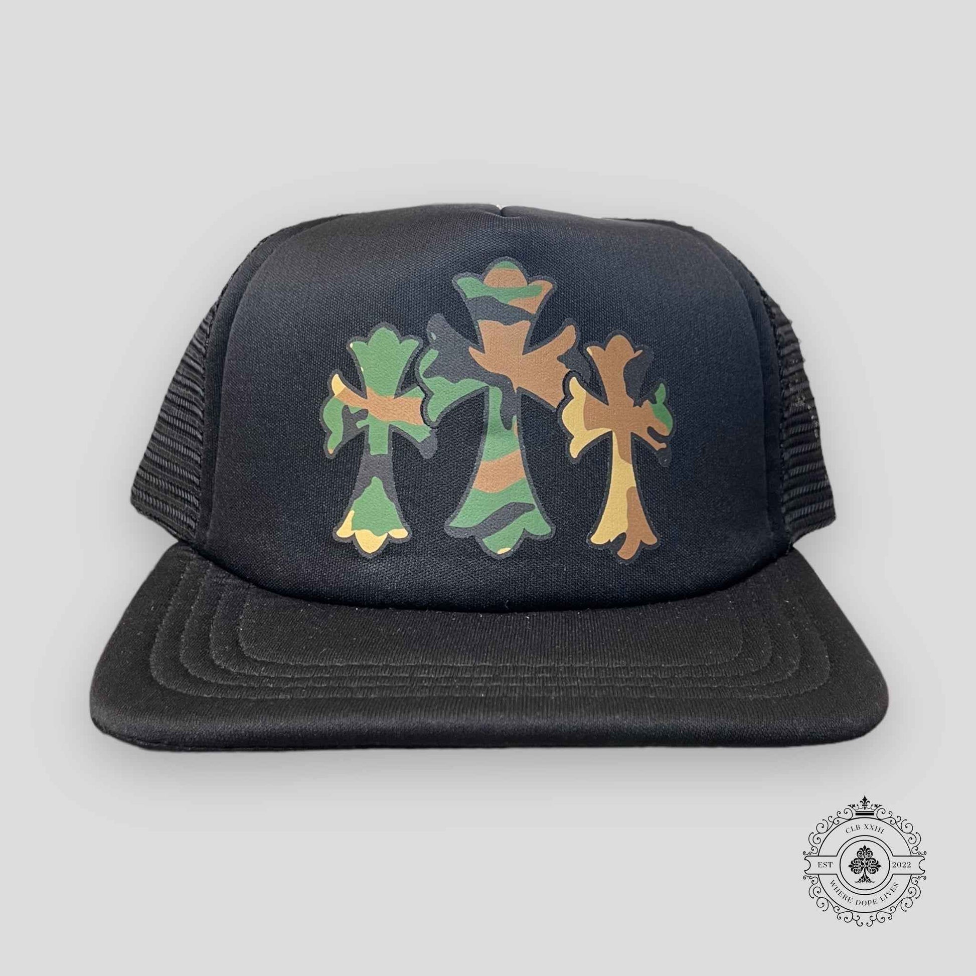 Chrome Hearts Triple Cross Trucker Hat in Black/Camo