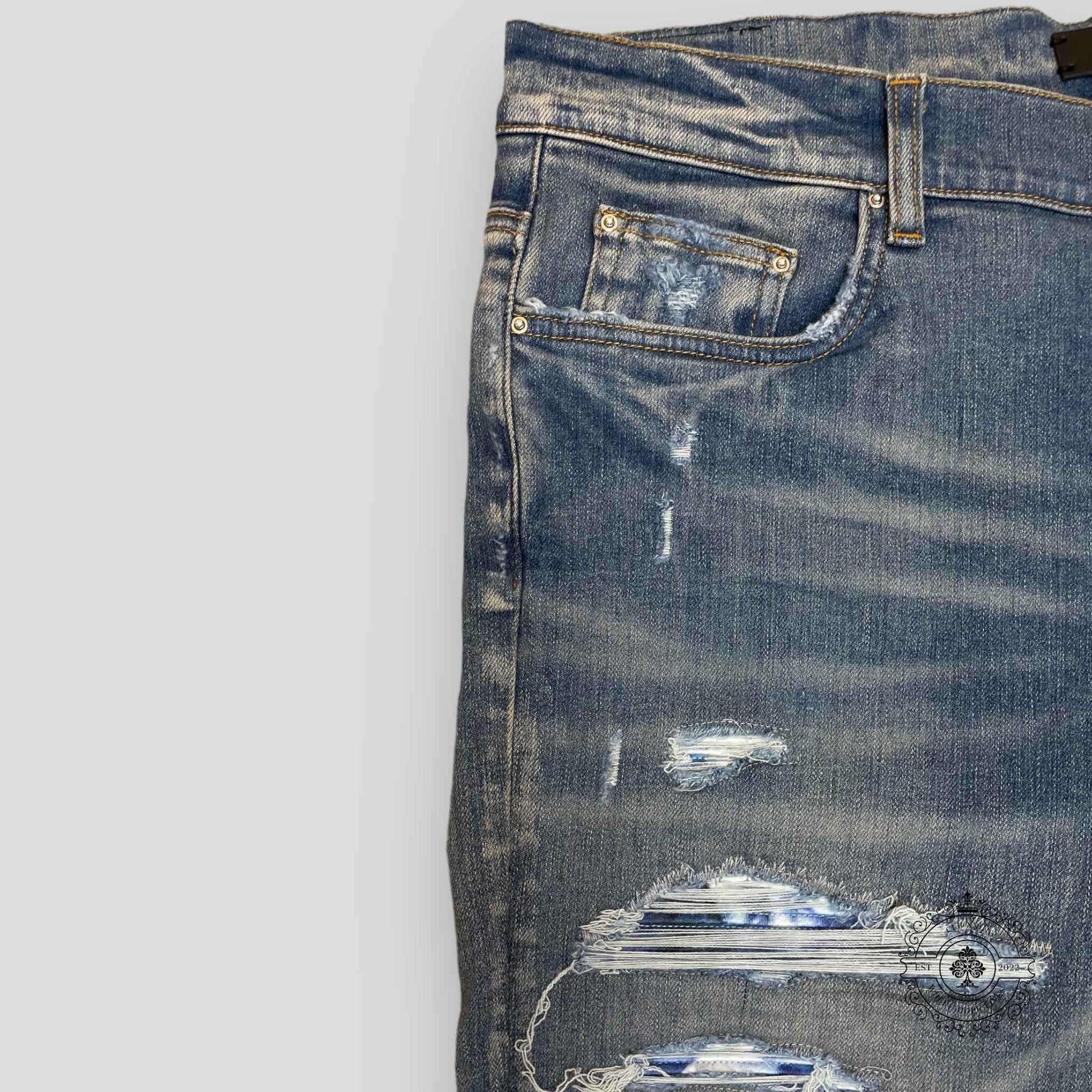 Amiri Tie Dye Bandana Thrasher Jeans in Clay Indigo