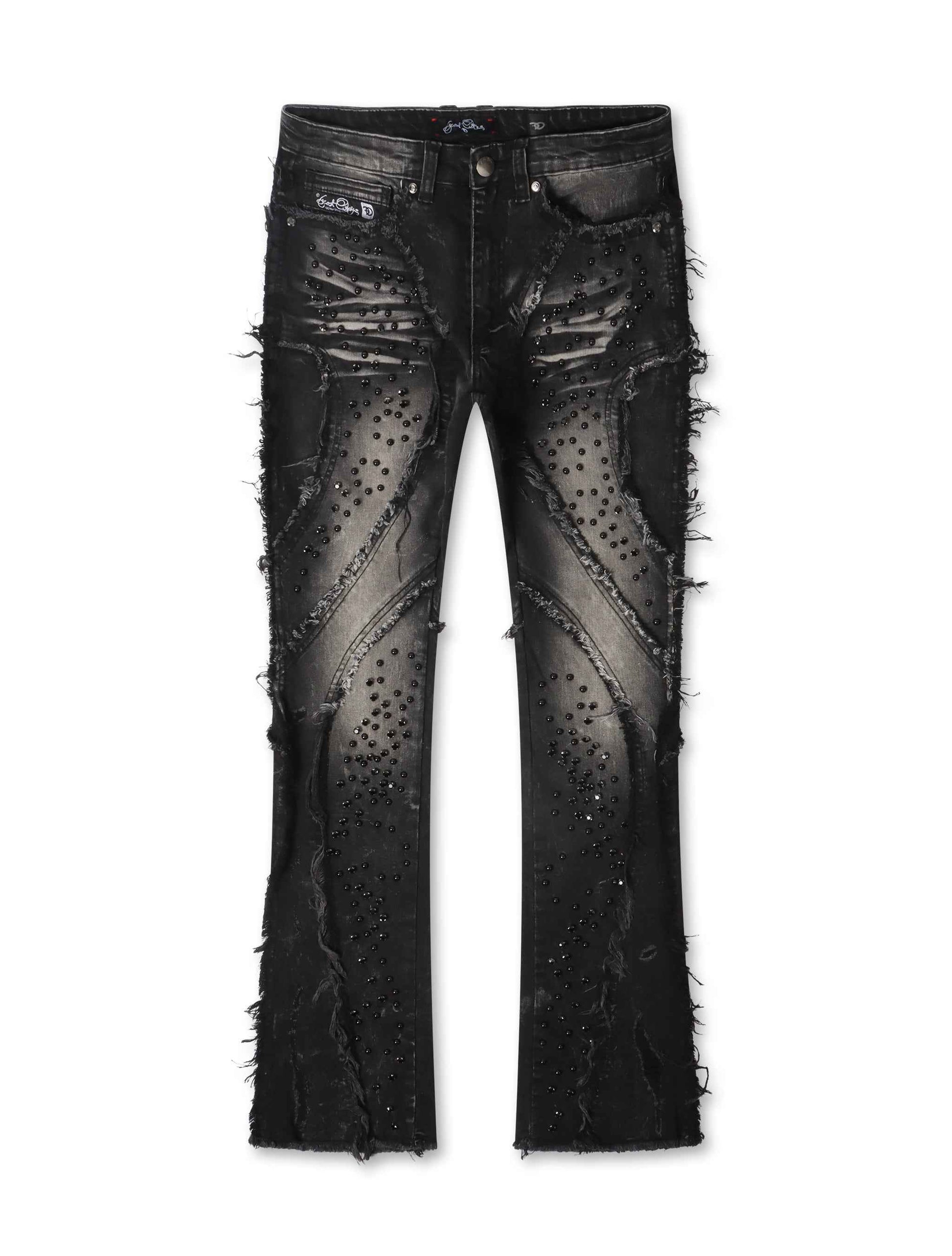 Frost Originals Distressed Rhinestone Stacked Jeans - Black Wash
