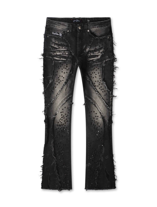 Frost Originals Distressed Rhinestone Stacked Jeans - Black Wash