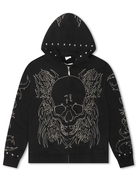 Revenge Tribal Skull Studded Zip-Up - Black/Silver