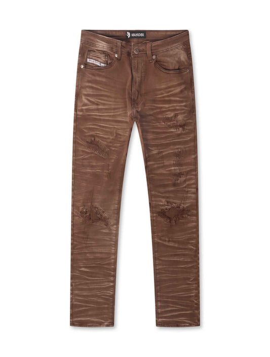 Makobi Distressed Straight Leg Jeans – Brown