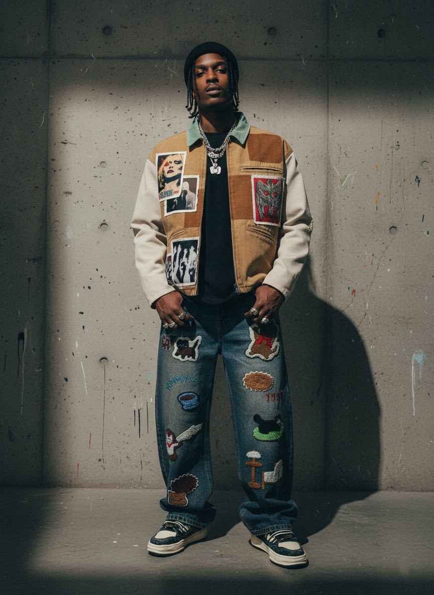Retro Cartoon Graphic Heavy Embroidery Barrel Jeans - 2562
