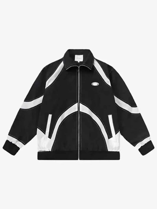 Front view of model wearing Jacket Disparate showing asymmetrical spliced panels