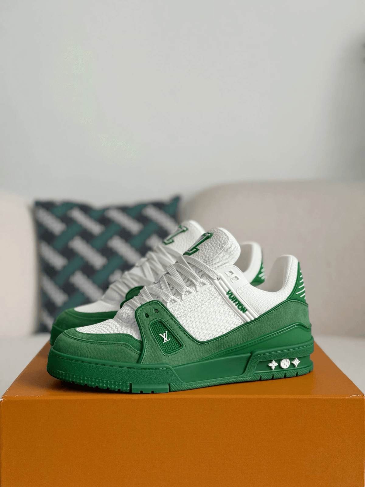 Louis Vuitton Trainer Green White Sneakers CUSTOM