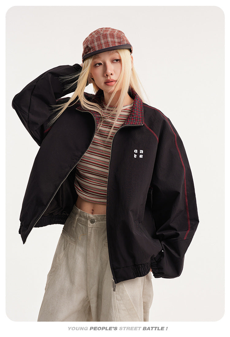 Retro Varsity Plaid Stand Collar Jacket