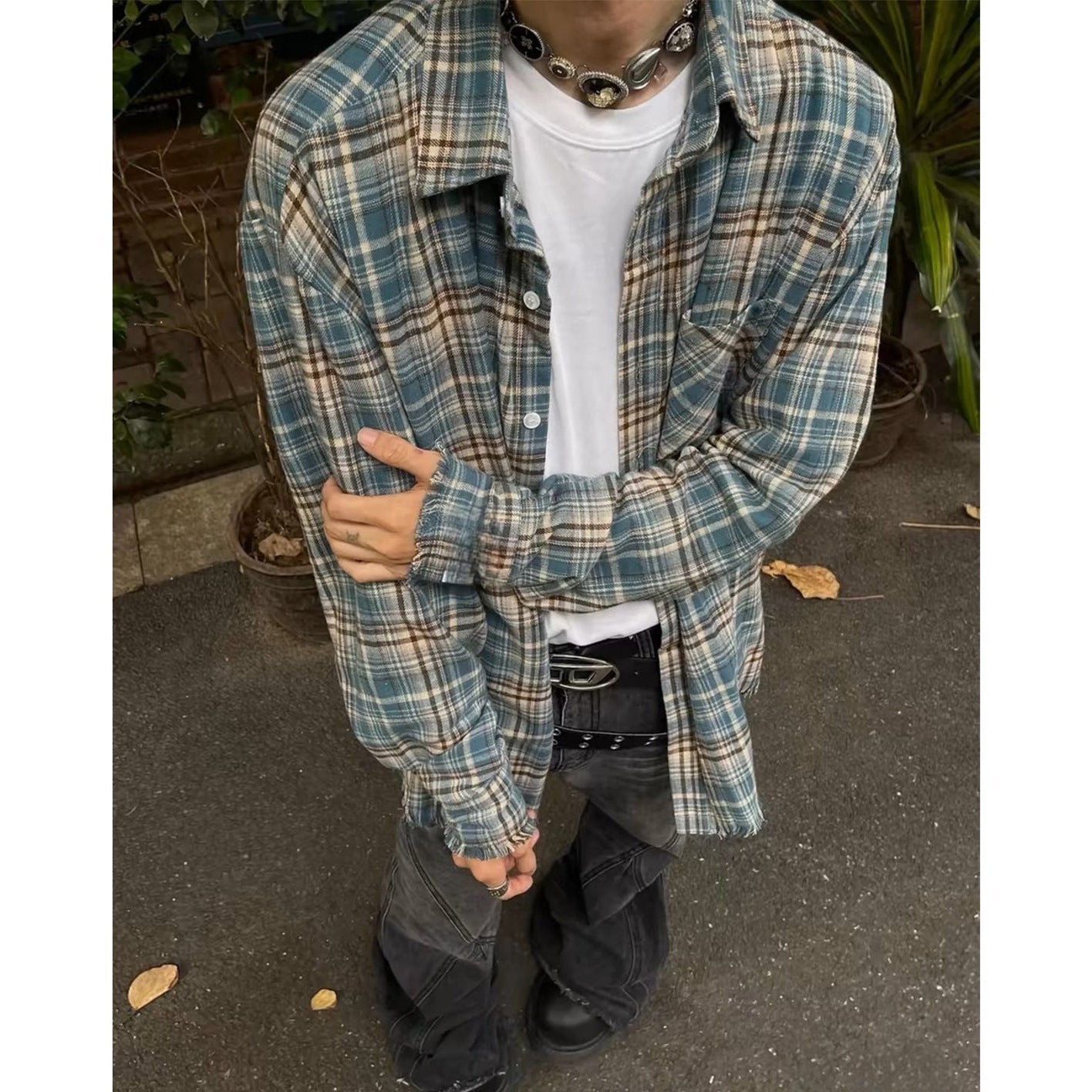 Distressed Plaid Flannel Shirt