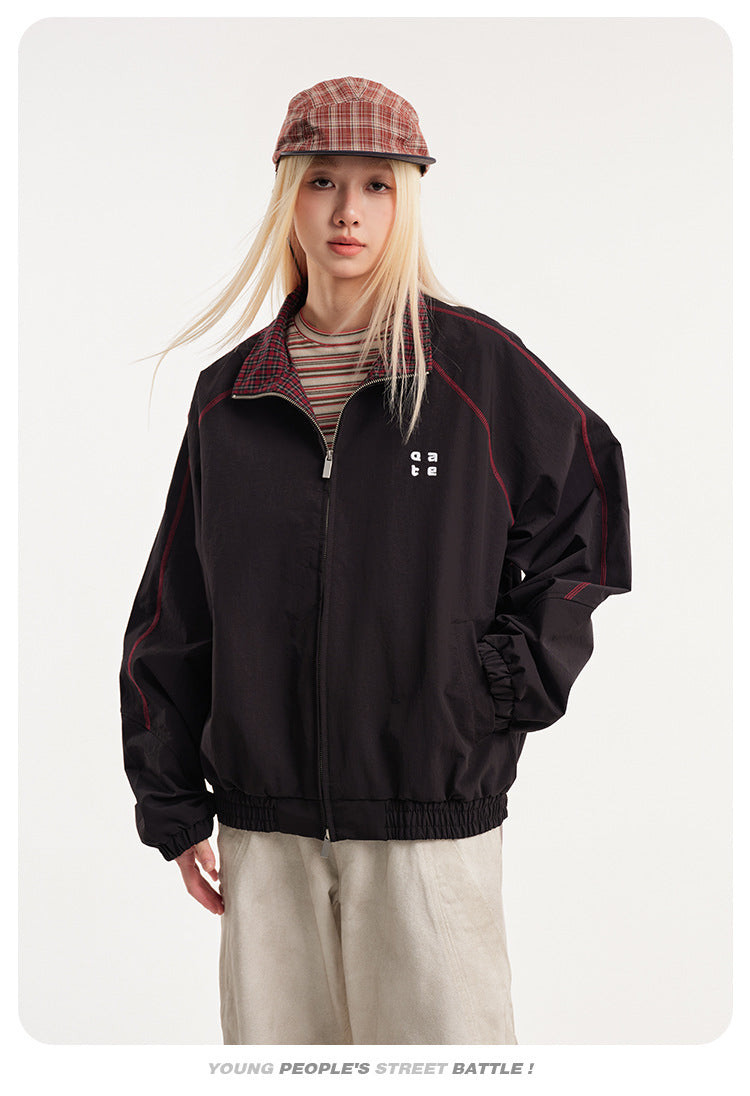 Retro Varsity Plaid Stand Collar Jacket