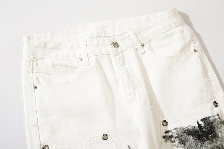Herringbone Graffiti Print White Straight Jeans