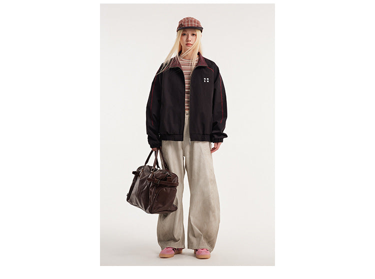 Retro Varsity Plaid Stand Collar Jacket