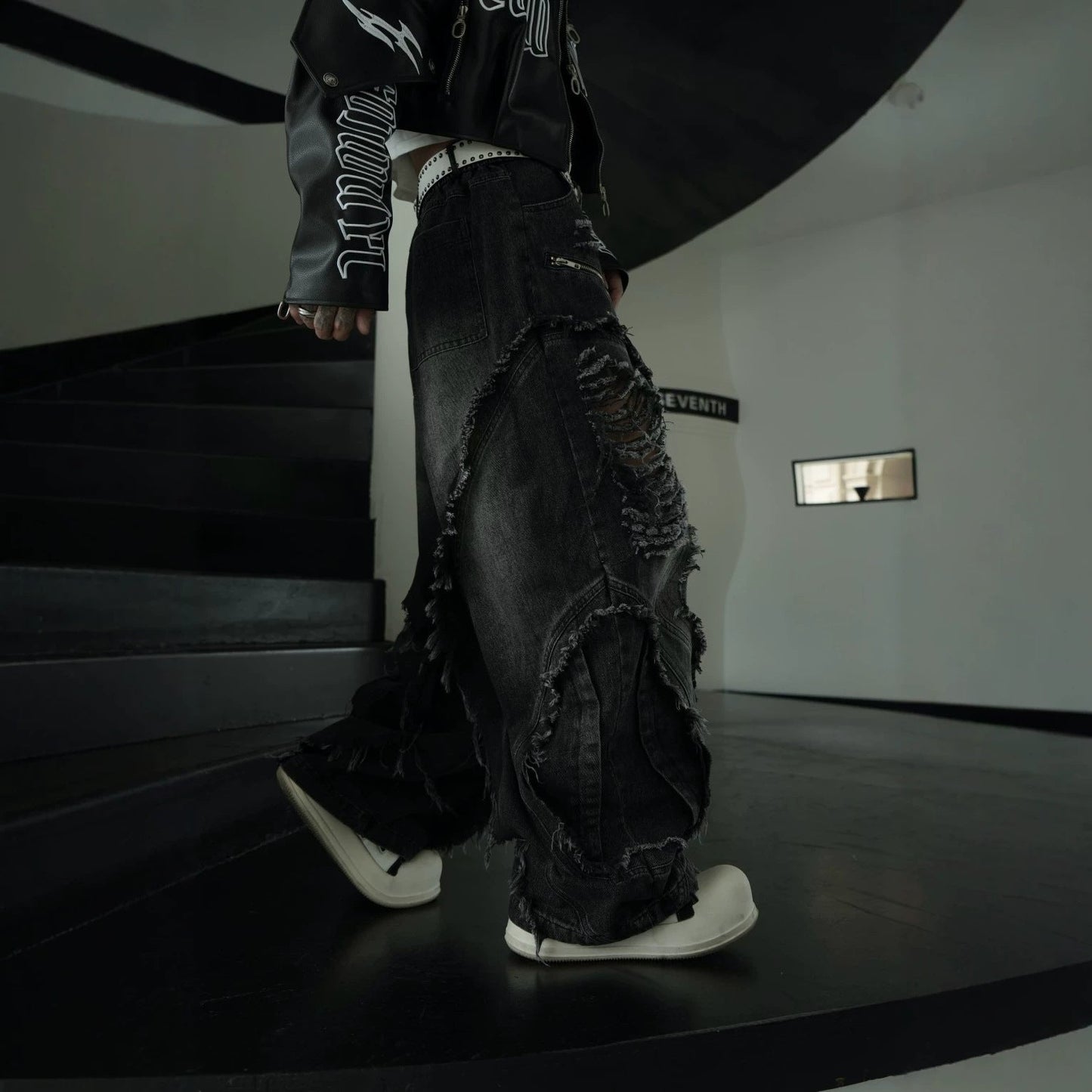 Distressed Biker Wide Leg Jeans