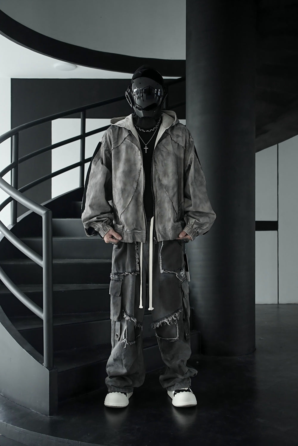 Distressed Raw Edge Straight-Leg Cargo Pants