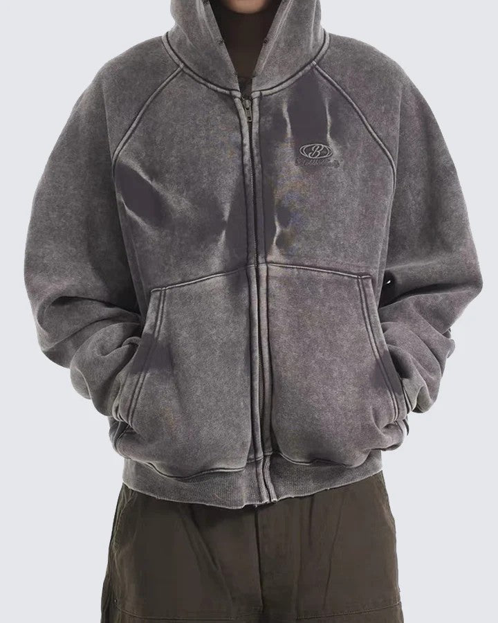 Distressed Washed Zip Hoodie