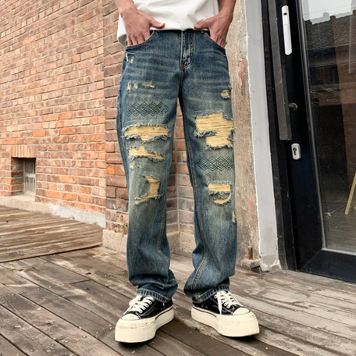 Embroidered Washed Ripped Jeans