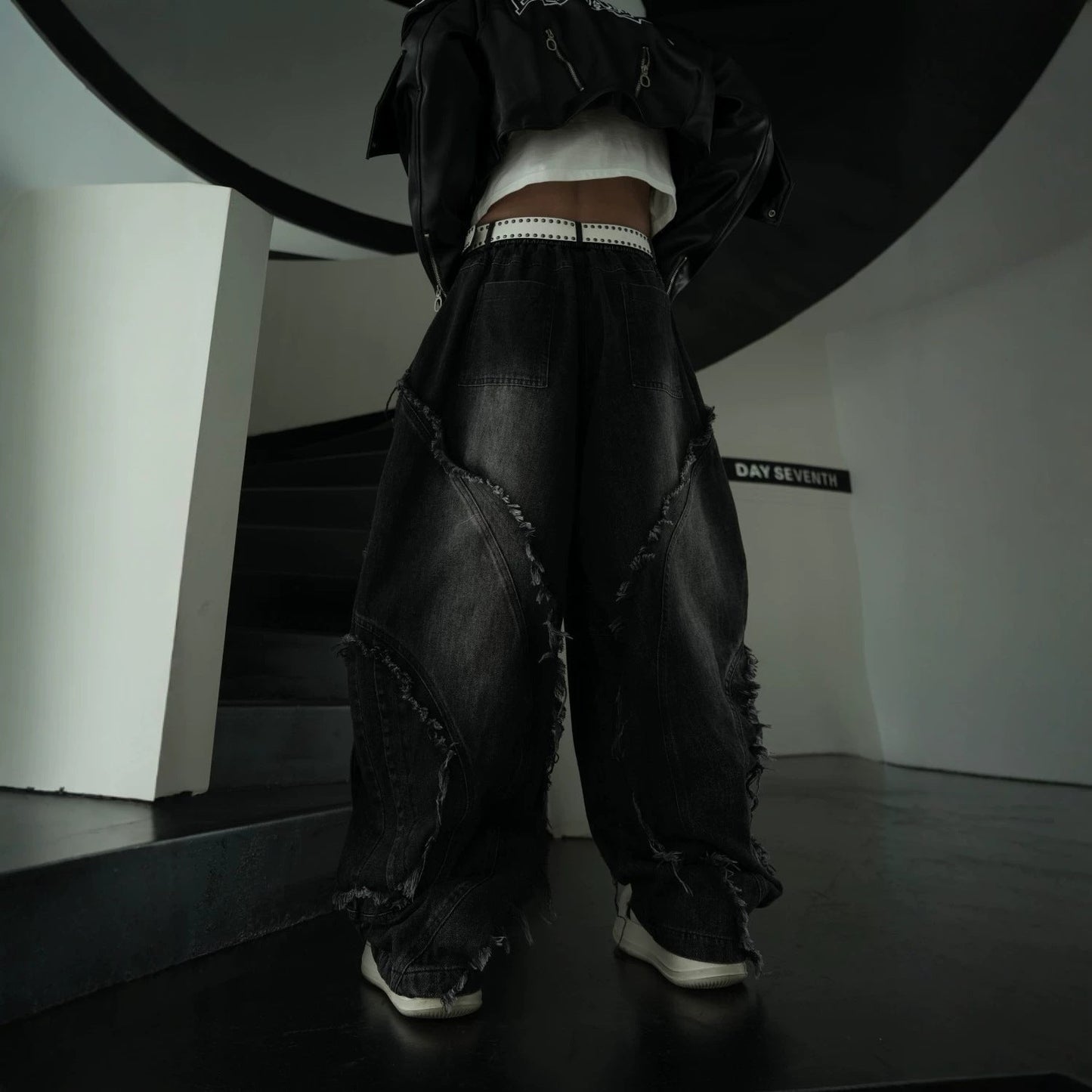 Distressed Biker Wide Leg Jeans