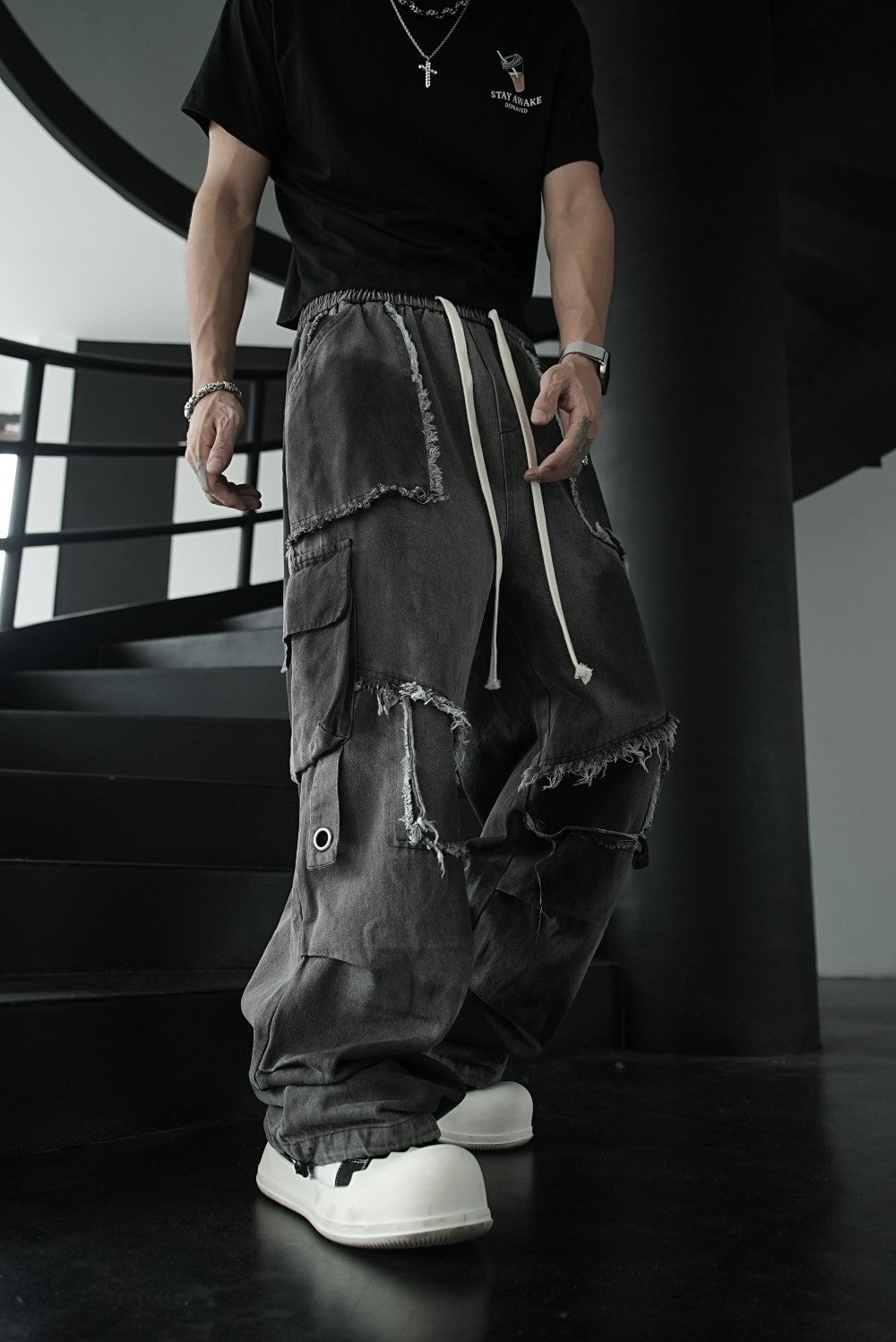 Distressed Raw Edge Straight-Leg Cargo Pants