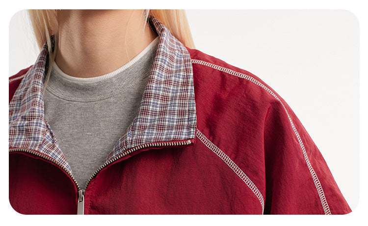 Retro Varsity Plaid Stand Collar Jacket