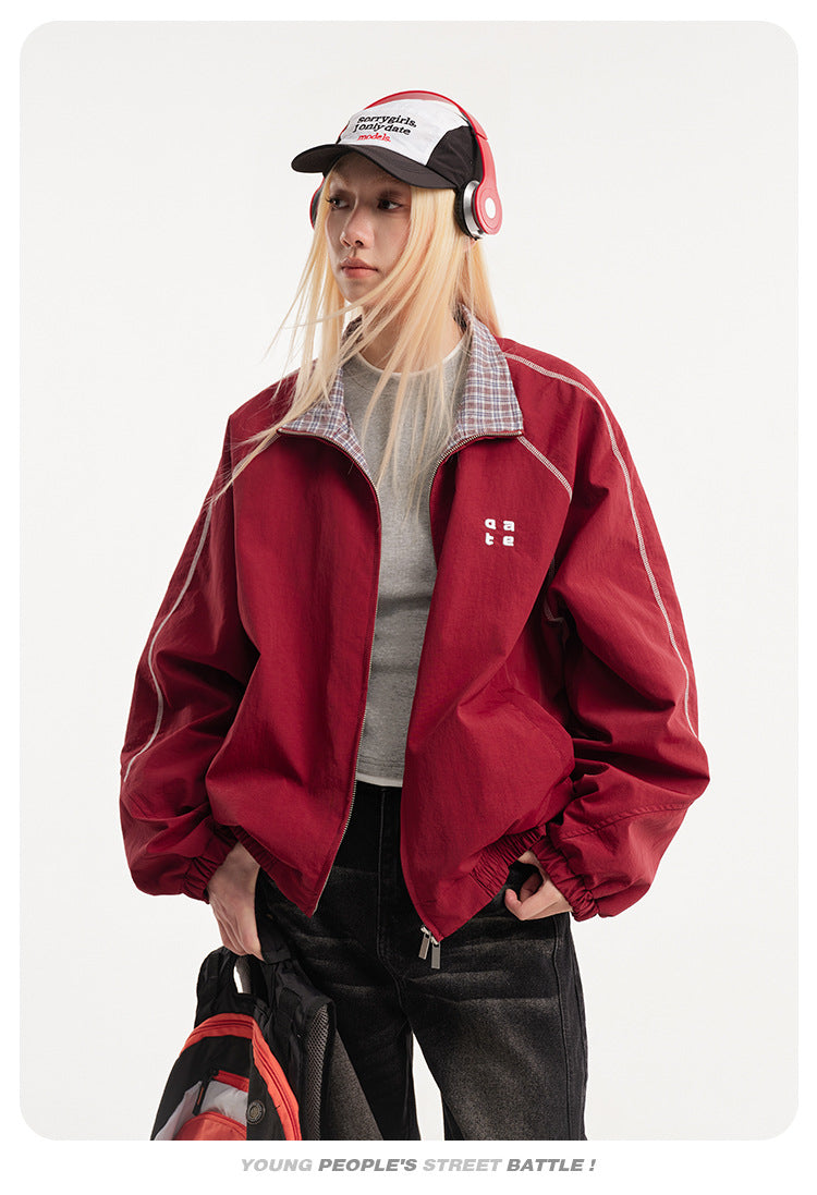 Retro Varsity Plaid Stand Collar Jacket