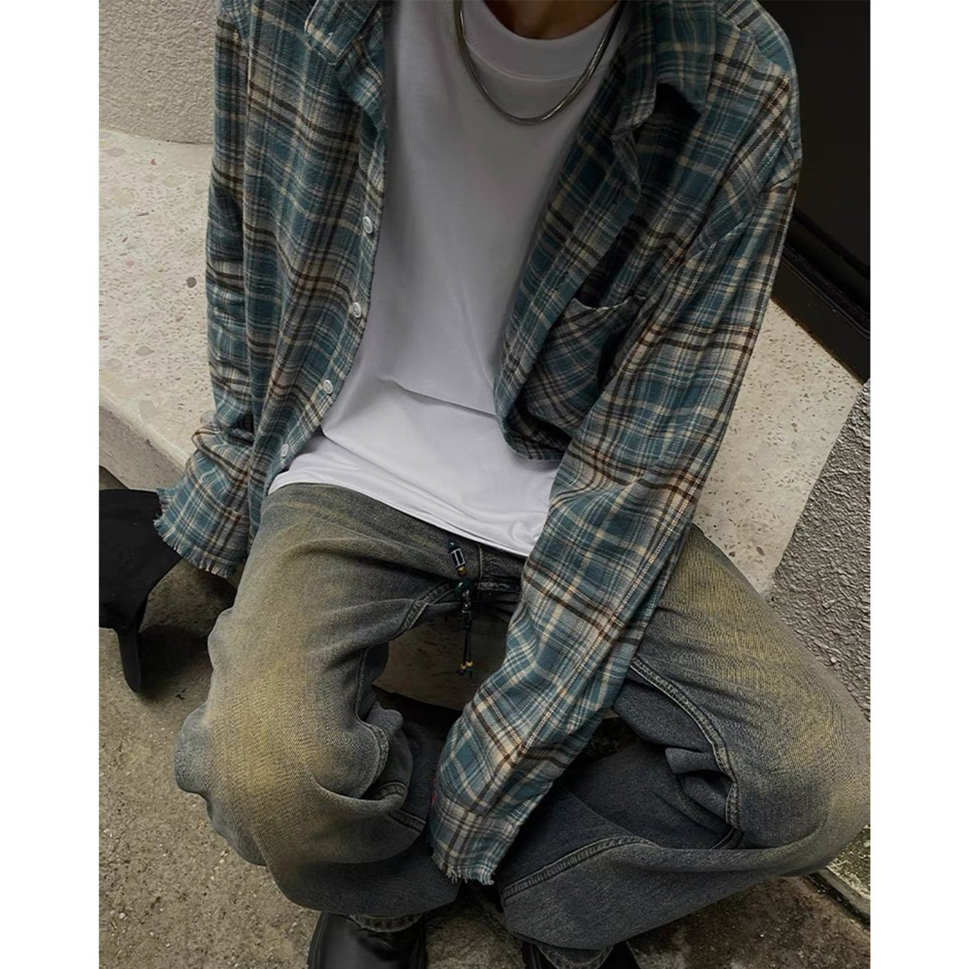Distressed Plaid Flannel Shirt