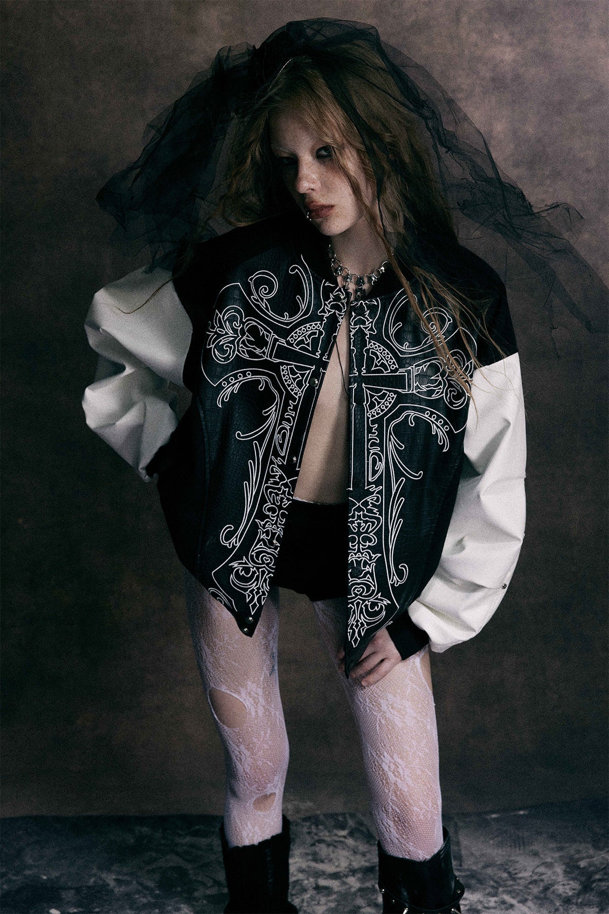 Cross Embroidery Leather Varsity Jacket