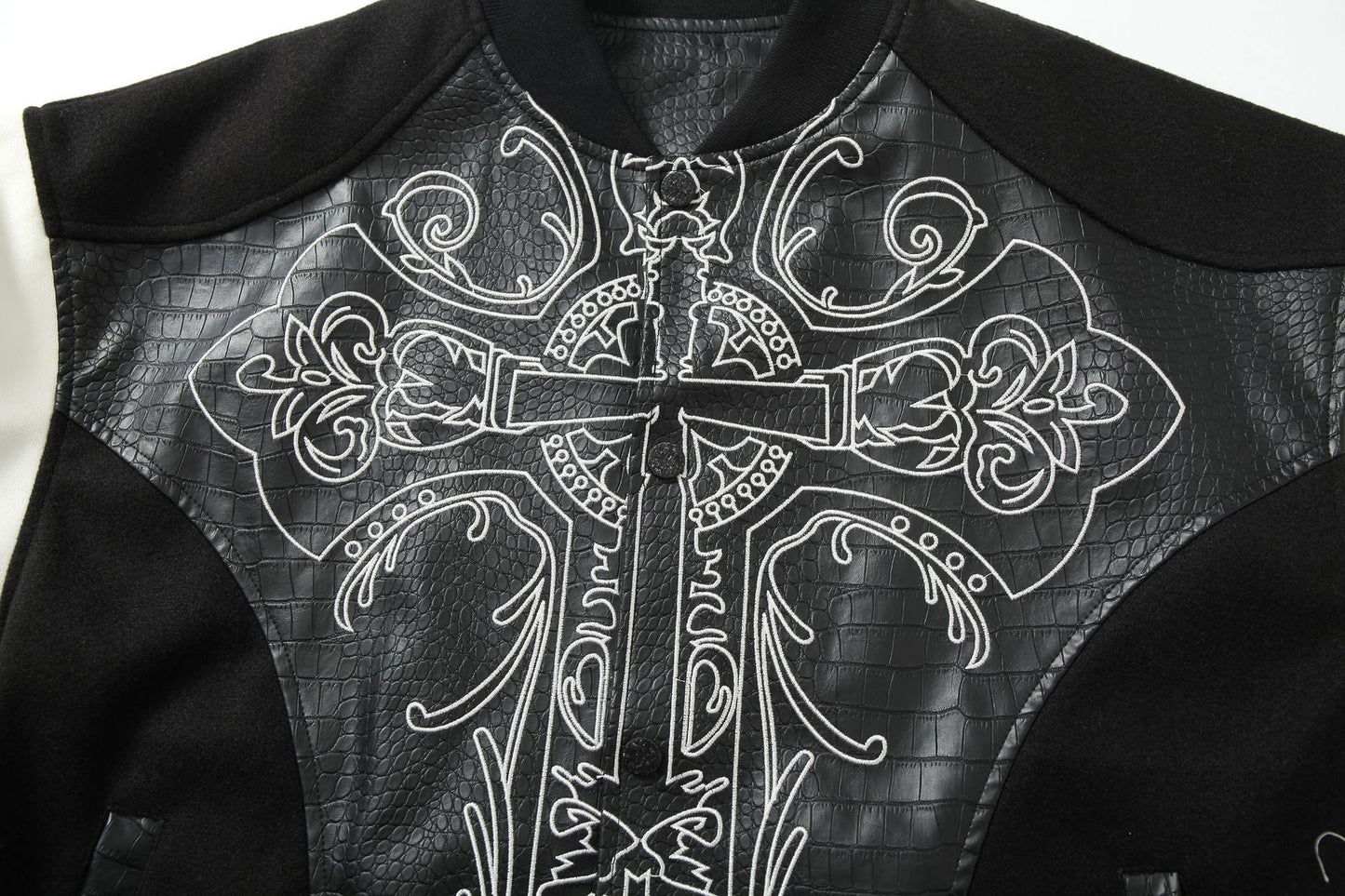 Cross Embroidery Leather Varsity Jacket
