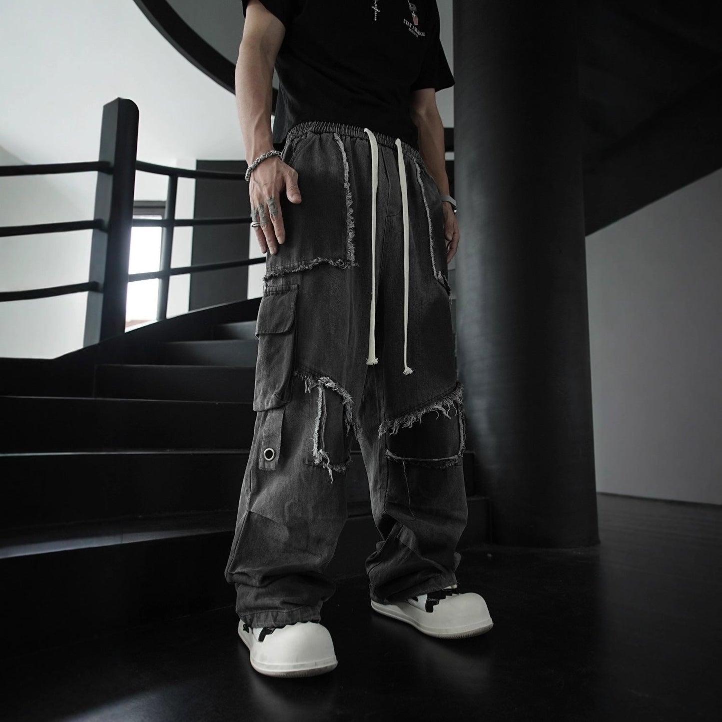 Distressed Raw Edge Straight-Leg Cargo Pants