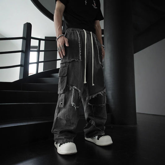 Distressed Raw Edge Straight-Leg Cargo Pants