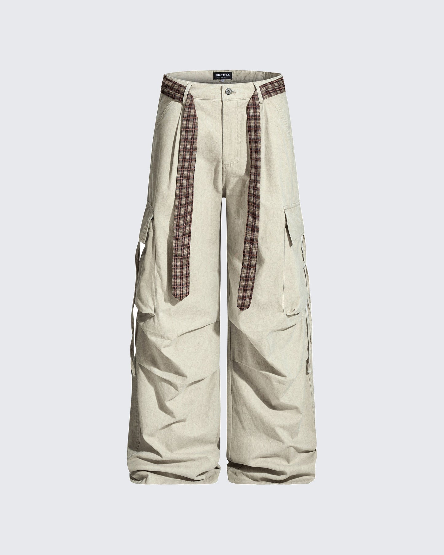 Vintage Washed Cargo Pants with Plaid Belt