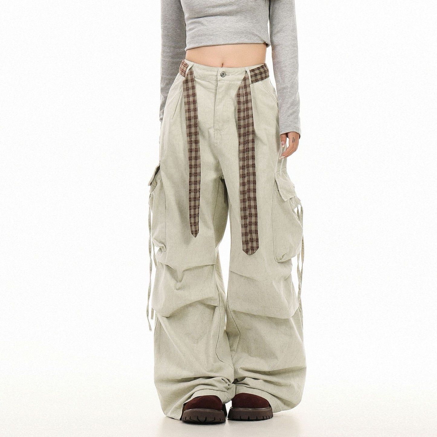 Vintage Washed Cargo Pants with Plaid Belt