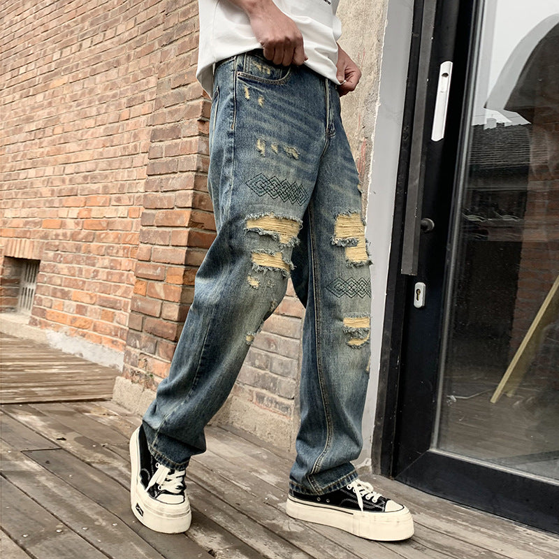 Embroidered Washed Ripped Jeans