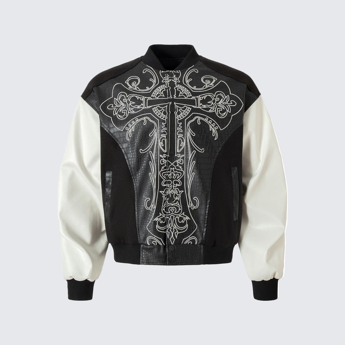 Cross Embroidery Leather Varsity Jacket