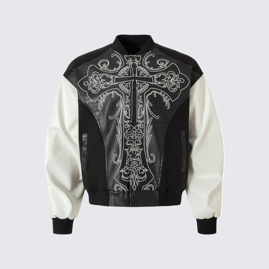 Cross Embroidery Leather Varsity Jacket