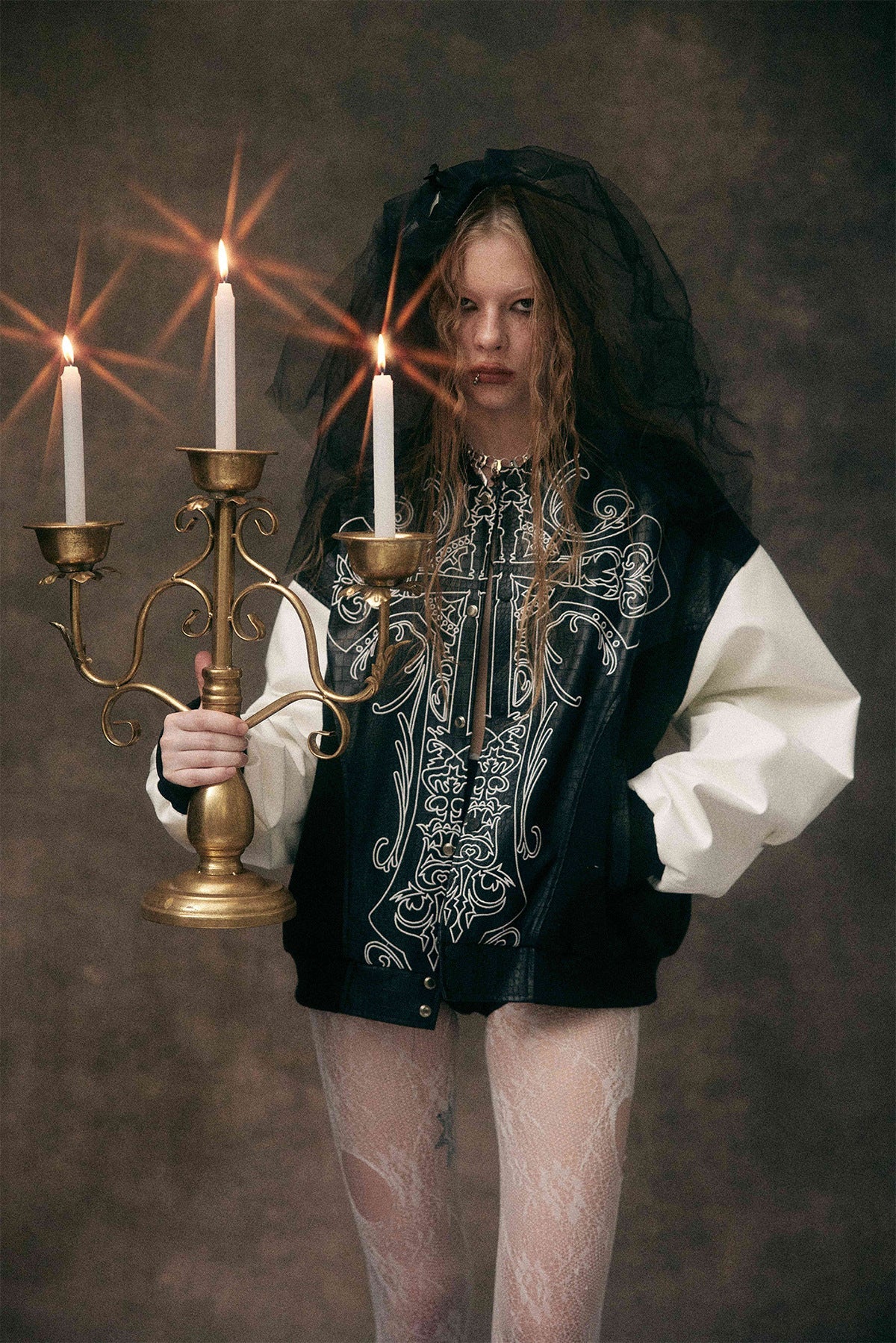 Cross Embroidery Leather Varsity Jacket