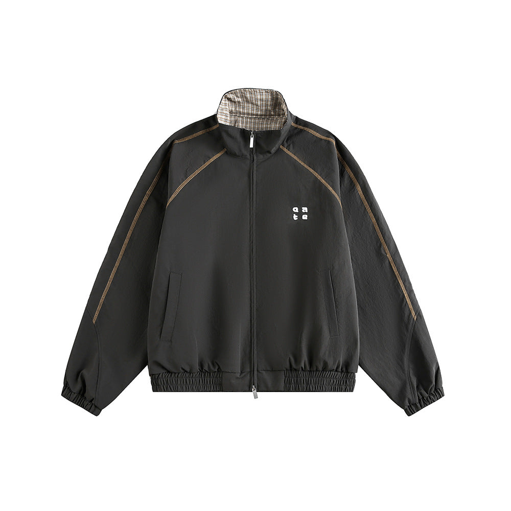 Retro Varsity Plaid Stand Collar Jacket