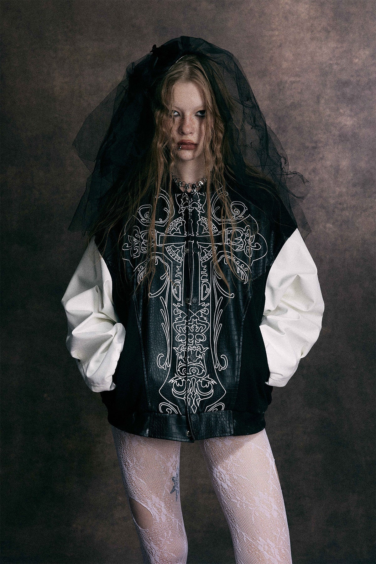 Cross Embroidery Leather Varsity Jacket