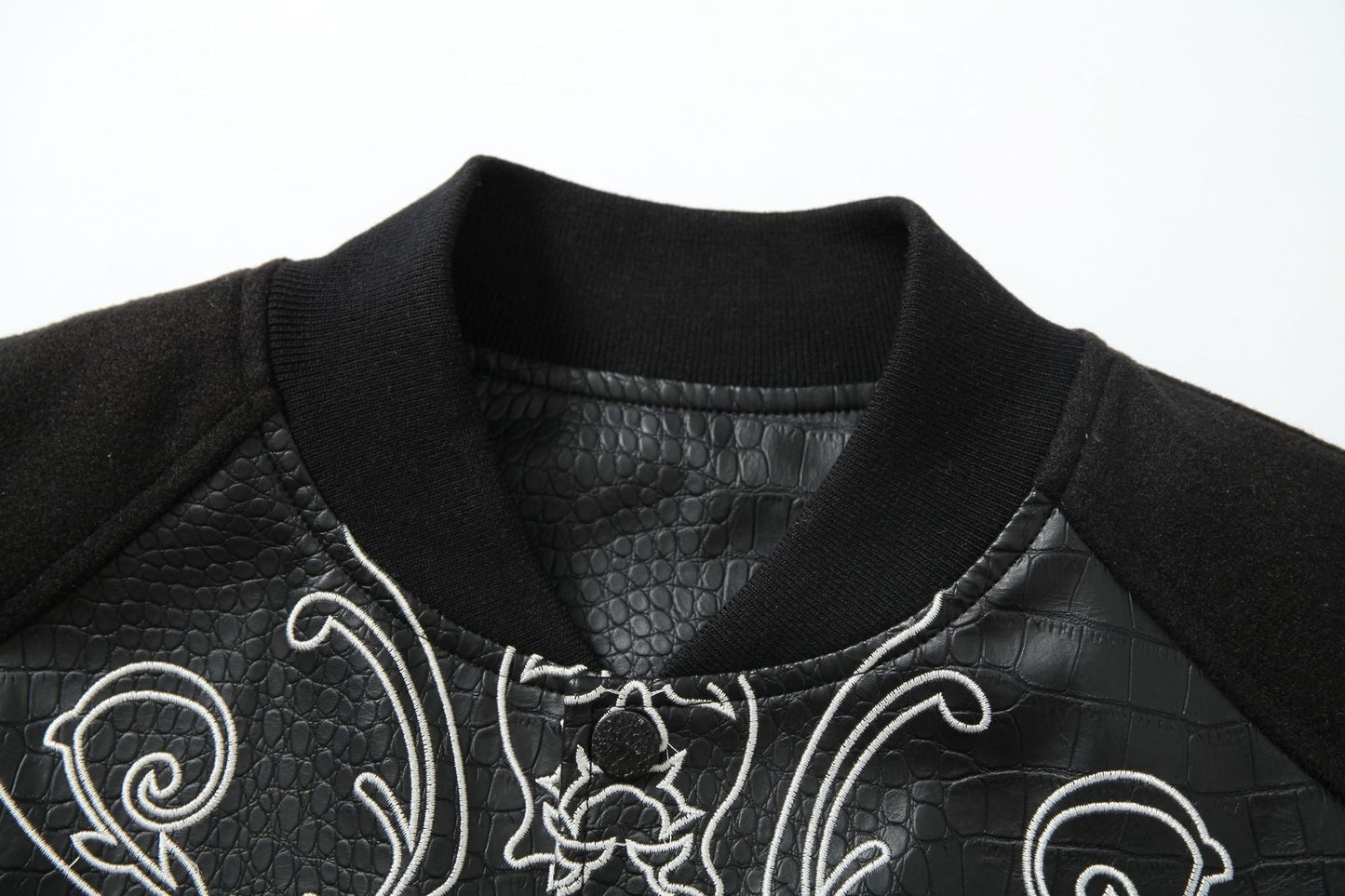 Cross Embroidery Leather Varsity Jacket