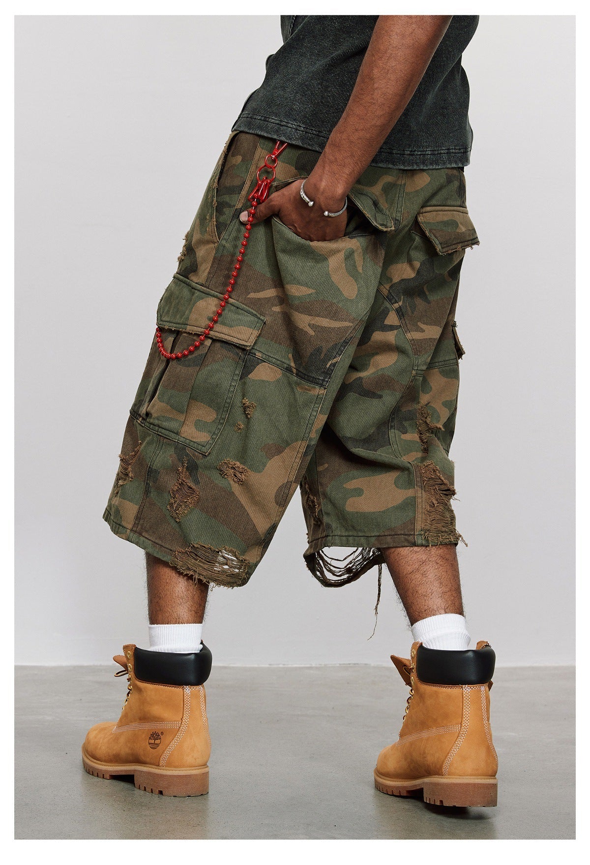 Distressed Cargo Baggy Camo Shorts