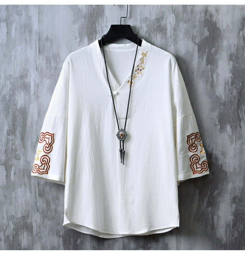 Chinese Embroidered V-Neck Hanfu Tee