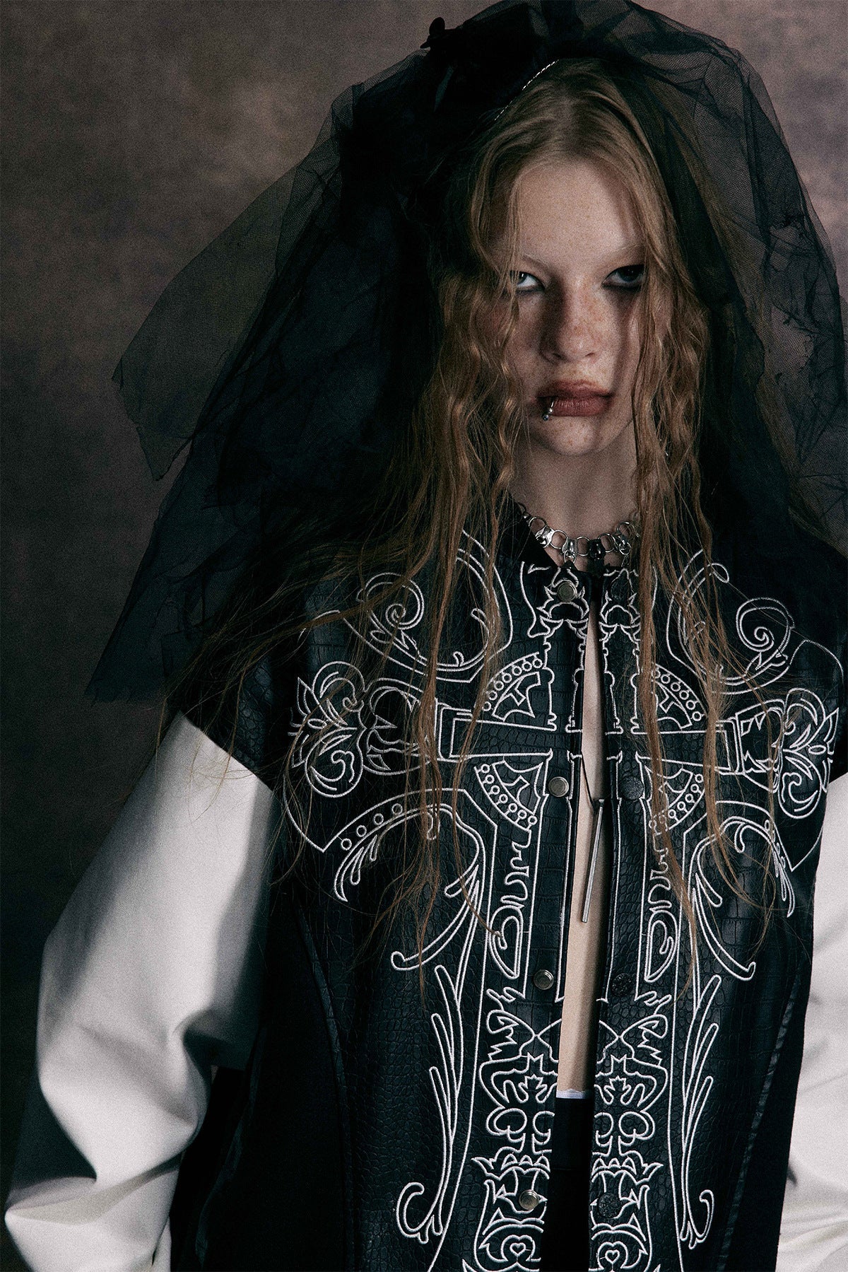 Cross Embroidery Leather Varsity Jacket