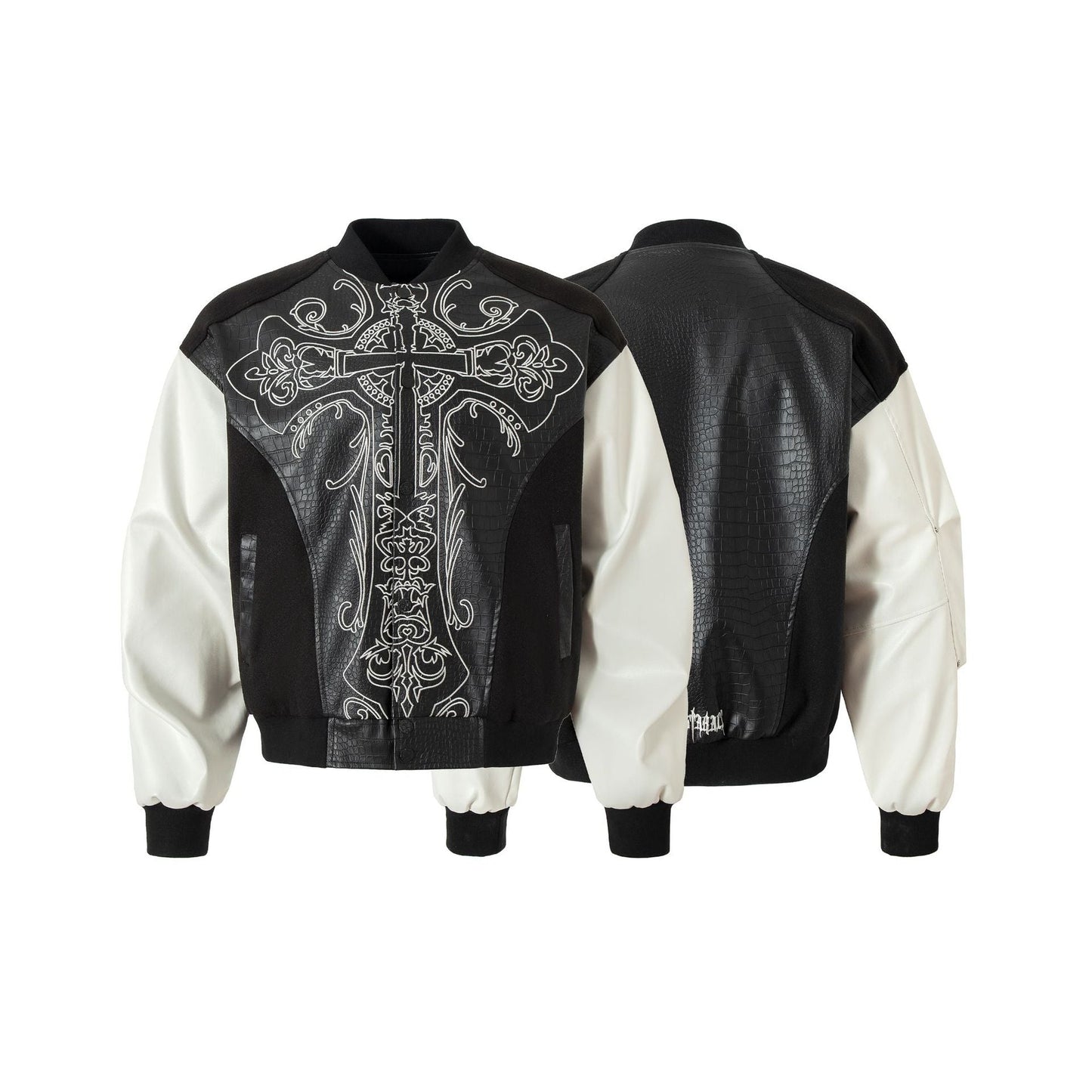 Cross Embroidery Leather Varsity Jacket